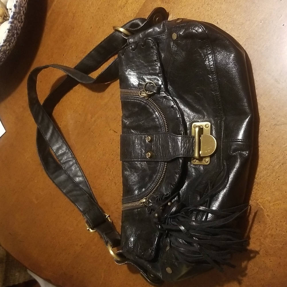 BARBARA BUI Black Leather Satchel with Brass-tone Hardware